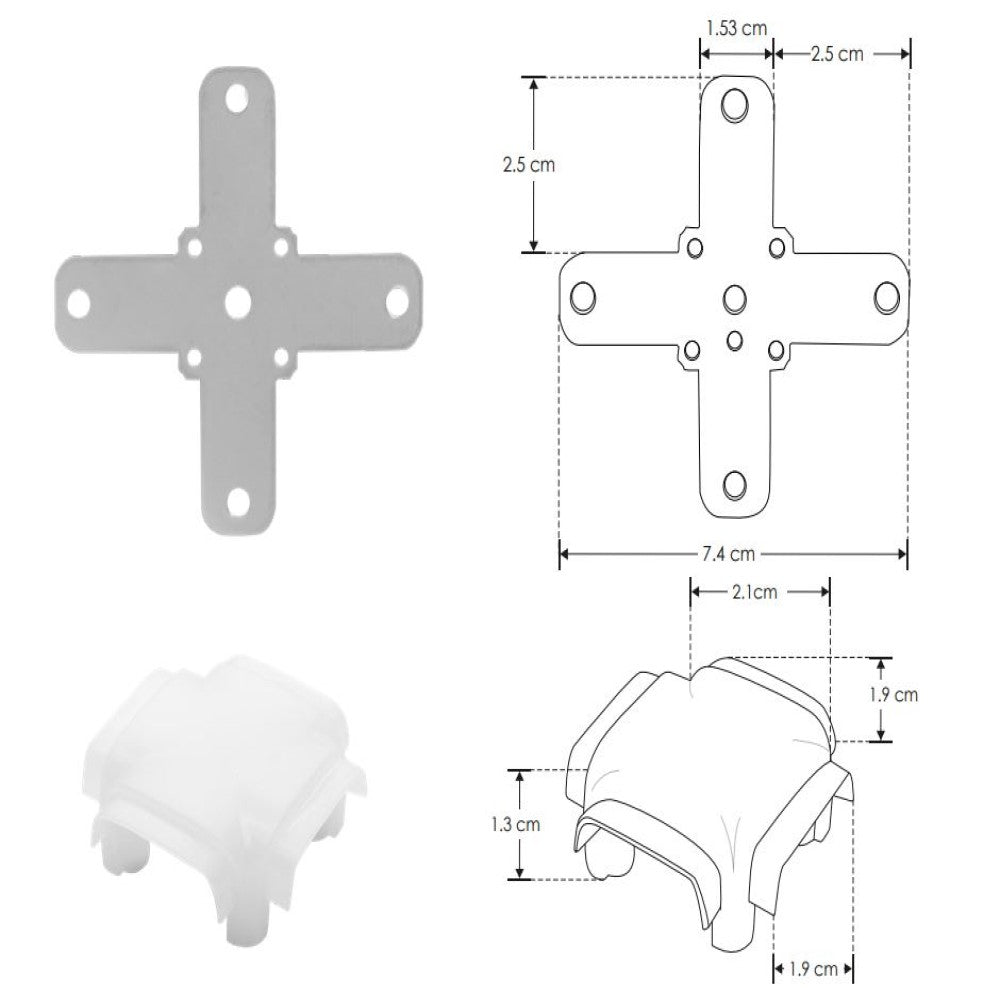 KIT CONECTOR DE METAL CONECT.MICA DIFUSA PROTECTOR DE CABLE NEGRO ANGULO TIPO X VISTA INFERIOR INCLUYE SET DE TORNILLOS PAR PERFIL DXA19