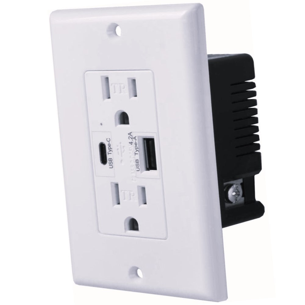 TOMA DE CORRIENTE DUPLEX 2P+T CON 2 USB A+C COLOR BLANCO 3 MOD. 3.1A INCLUYE CHASIS 127V.