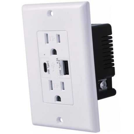 TOMA DE CORRIENTE DUPLEX 2P+T CON 2 USB A+C COLOR BLANCO 3 MOD. 3.1A INCLUYE CHASIS 127V.