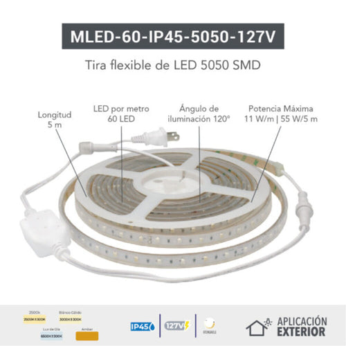 TIRA FLEXIBLE DE LED 5050 SMD 127V IP45 LUZ CALIDA MLED-60-IP45-5050-127V-CD/BC