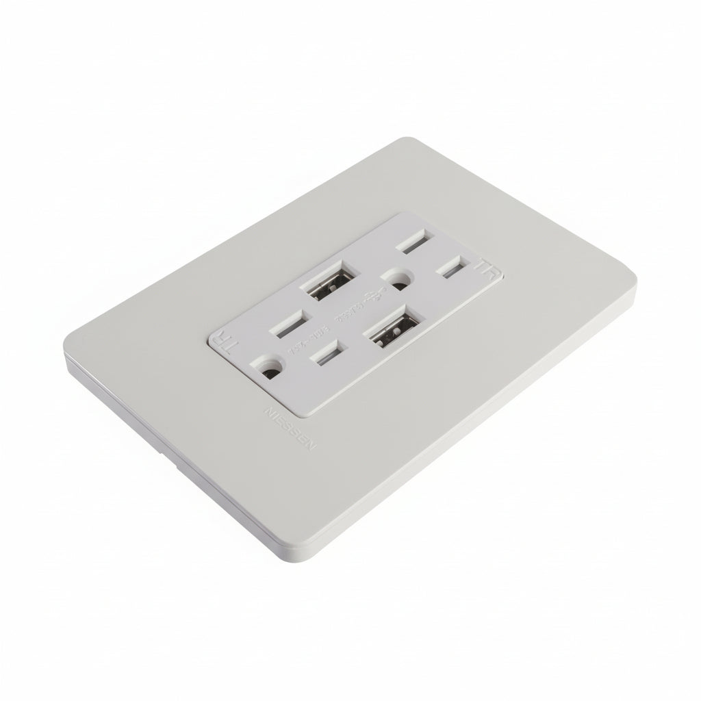 CONTACTO DÚPLEX ESTEVEZ UNNO 2 POLOS CON TIERRA Y 2 CONTACTOS USB BLANCO