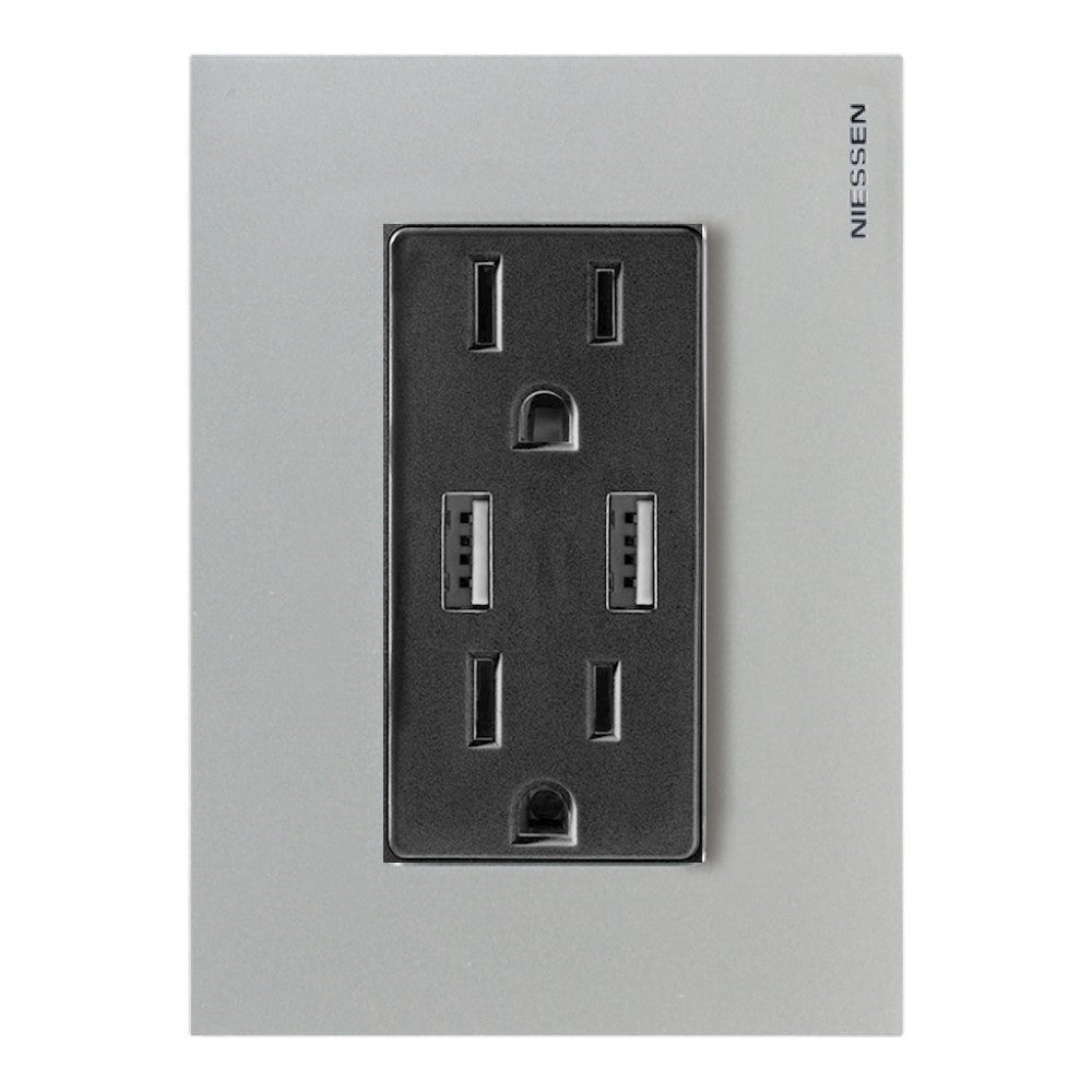 CONTACTO DUPLEX + 2XUSB 2.1 AMP C/PLACA PLATA Y MECANISMO ANTRACITA