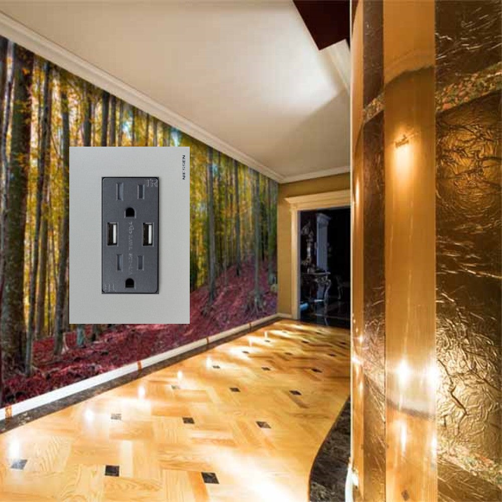 CONTACTO DUPLEX + 2XUSB 2.1 AMP C/PLACA PLATA Y MECANISMO ANTRACITA