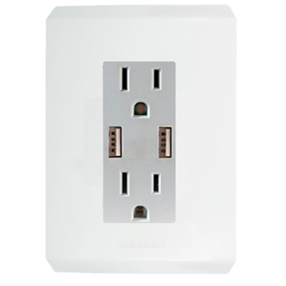 CONTACTO DUPLEX 2P+T 2 CONECTORES USB 2.1 AMP CON PLACA STEP BCO POLAR