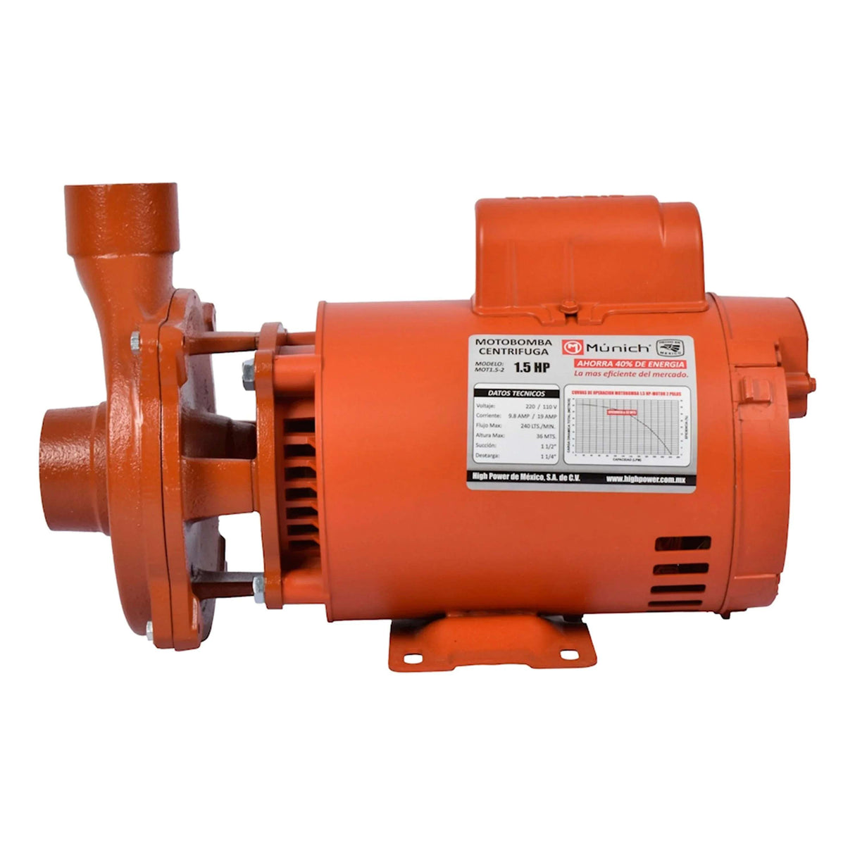 MOTOBOMBA CENTRIFUGA 1.5HP/127V. (1 1/2") SUCCION 1 1/4" DESC. 1" ALT. 37MTS. 200LTS. POR MIN.  MARCA NACESA
