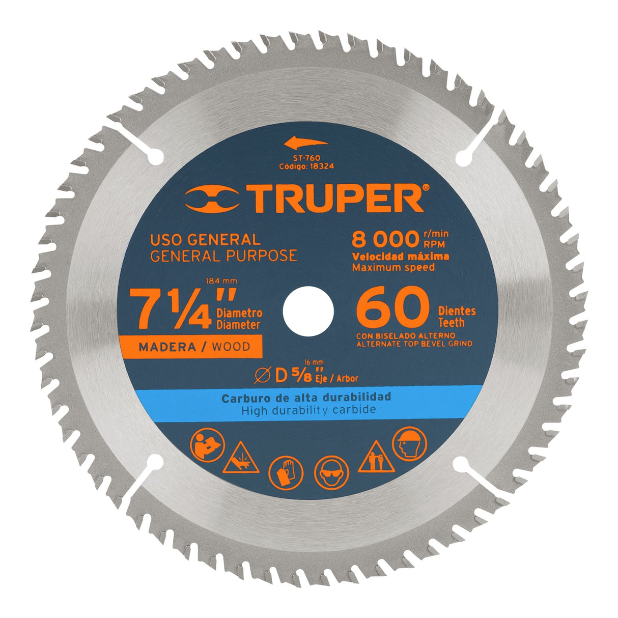 DISCO SIERRA 7-1/4" PARA MADERA 60 DIENTES CENTRO 5/8" ST-760 18324 TRUPER