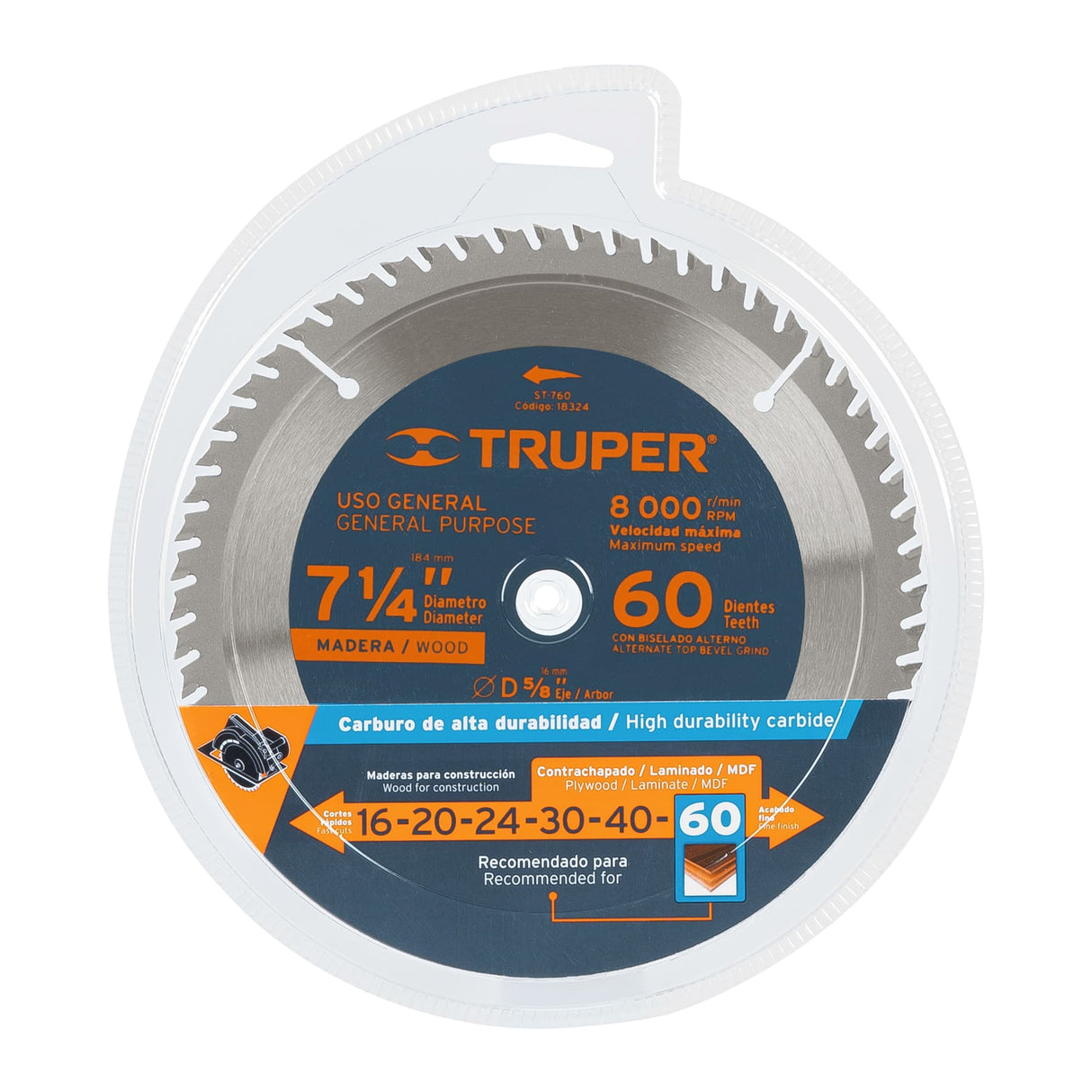 DISCO SIERRA 7-1/4" PARA MADERA 60 DIENTES CENTRO 5/8" ST-760 18324 TRUPER