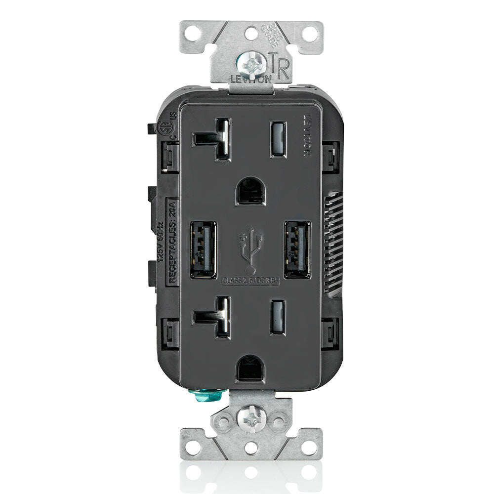 RECEPTACULO DUPLEX DECORA TR 2 PTOS USB 3.6A 20A 125V 2P3H NEGRO