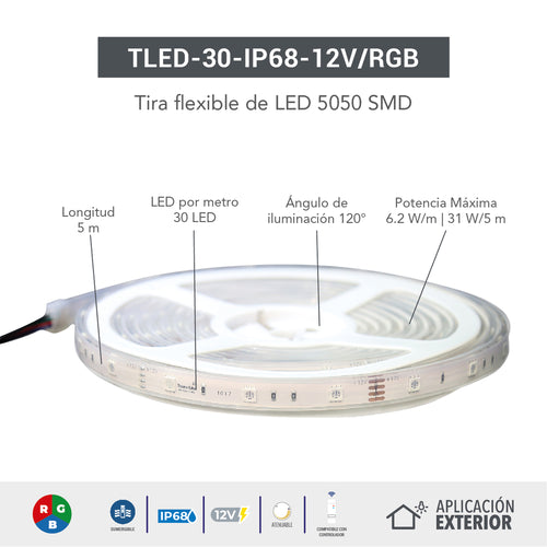 TIRA FLEXIBLE DE LED 5050 SMD 12V IP68 RGB