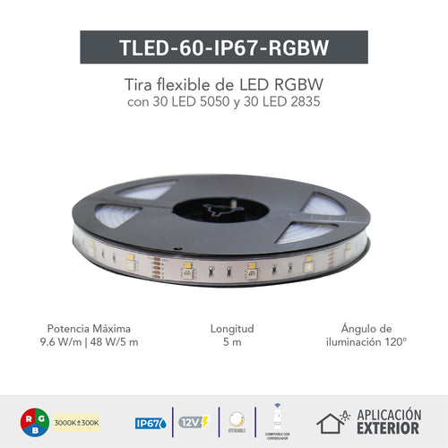 TIRA FLEXIBLE LEDRGB DE 5 METROS C/ RECUBRIMIENTO DE VINIL IP67 48W 127V S/ CABLE ALIMENTADOR.