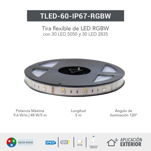 TIRA FLEXIBLE DE LED RGB 48W 12V IP67  LUZ DE DIA