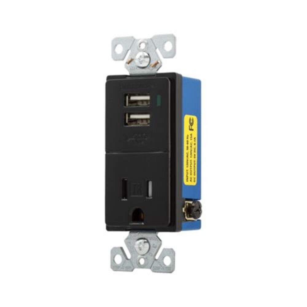 COMBO RECEPTACULO 15A/125V. NEGRO CON 2 PUERTOS USB TAMPER RESISTANT TR7740BK-BOX***PASA A TR7765BK-BOX***
