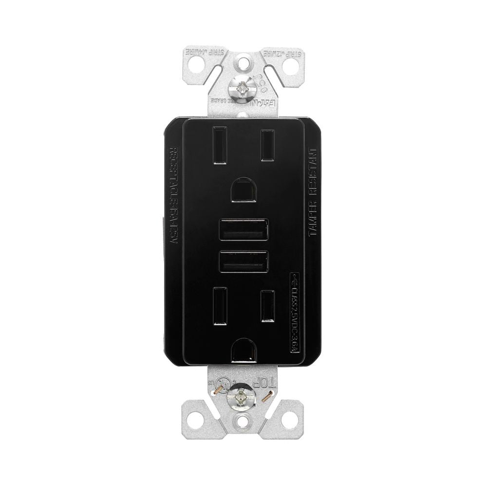 RECEPTACULO DUPLEX CON 2 PUEROS USB 3.1AMP COLOR NEGRO MCA ARROW HART